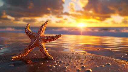 Fototapeta na wymiar a small starfish sits on the beach during sunset