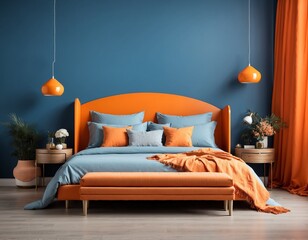 Bed and bench against orange and blue wall with copy space. Art deco interior design of modern bedroom.