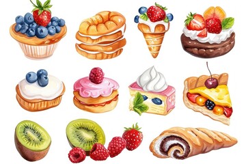 Illustration of fresh bakery items with fruit and cream Isolated on a white background