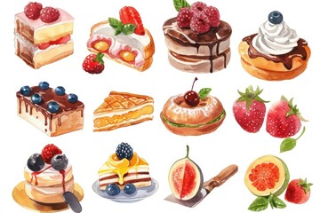 Illustration of fresh bakery items with fruit and cream Isolated on a white background