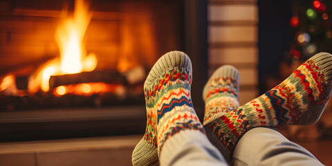 Feet In Woolen Socks Warming By Cozy Fire.  Feet Cozied up in Woolen Socks by the Fire. Generative Ai.