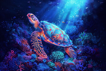 illuminated sea turtle swims in a coral reef