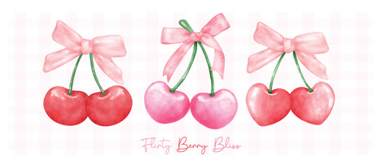 group of Red and hot pink coquette cherries with ribbon bow, aesthetic watercolor hand drawing banner.