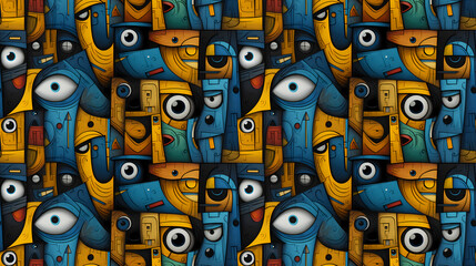 Modern face eye seamless pattern in the style of Cubism, Neoplasticism and Bauhaus. Perfect for design, printing, web design