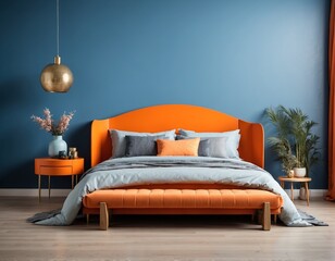 Bed and bench against orange and blue wall with copy space. Art deco interior design of modern bedroom.