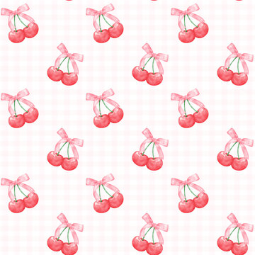 pattern seamless Red coquette cherries with ribbon bow, aesthetic watercolor hand drawing.