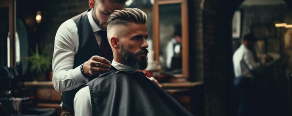 Barber in a barbershop makes a customer's new haircut and trims a beard