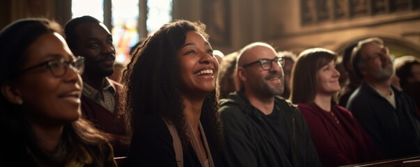 people sit in the church and listen to the pastor's sermon - obrazy, fototapety, plakaty