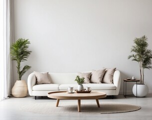 Round coffee table near white sofa against blank wall with copy space. Minimalist cozy home interior design of modern living room.