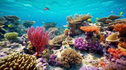 Naklejka na ściany i meble Colorful life on underwater coral reef Ai Generative