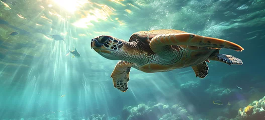 Draagtas sea turtle swimming in the sea - a turtle swimming and swimming under the ocean, in the style of tropical © Lisanne