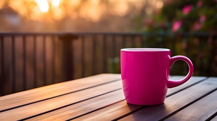 Balcony View of a magenta Mug on a wooden Table. Close up with a blurred Background
