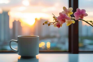 City mornings coffee, orchid, and the urban sunrises tranquil backdrop