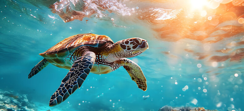 sea turtle swimming in the sea - a turtle swimming and swimming under the ocean, in the style of tropical