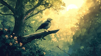 grungy noise texture art, a bird in green tranquil forest, whimsical fantasy fairytale contemporary creative illustration, Generative Ai - obrazy, fototapety, plakaty