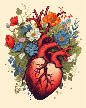 Anatomical heart enriched with floral patterns - detailed vector illustration for artistic and medical themes