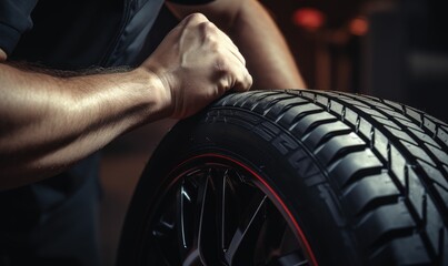 Obraz premium A skilled car mechanic changes tire on a car wheel. Tire change concept