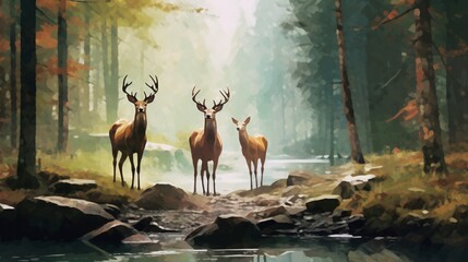 a painting of three deer standing in a forest next Ai Generative - obrazy, fototapety, plakaty