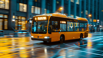 an old yellow / orange bus is driving on a city streets.  - Motion blur at night.