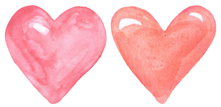 Watercolor pink hearts set. Hand-painted Valentine's Day-themed graphic. Isolated hand-painted elements. PNG clipart.