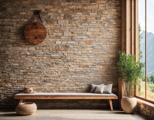 Wooden rustic bench near wild stone cladding wall against window. Farmhouse interior design of modern home entryway.