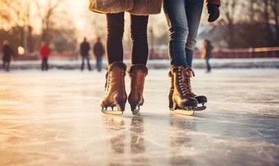 Close up photo of skates on feet on ice with amazing background. Skating on ice in winter - Powered by Adobe