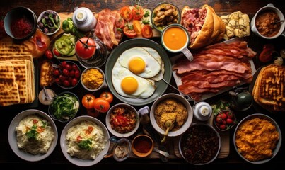 Top view bright photo of Large selection of breakfast food on a table, sun light from side. Healthy breakfast concept.
