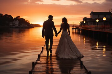 The newlyweds walk along the pier holding hands. The husband and wife instead walk in festive costumes. Concept: wedding, honeymoon, romantic trip