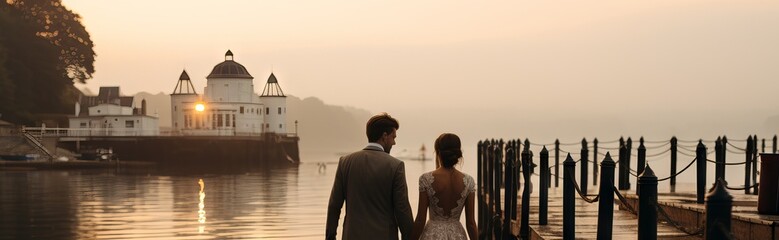 The newlyweds walk along the pier holding hands. The husband and wife instead walk in festive costumes. Concept: wedding, honeymoon, romantic trip