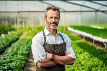 Potrait of a vegetable grower working in a large industrial greenhouse growing vegetables and herbs. Farmer