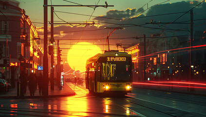 an old yellow / orange bus is driving on a city streets. - At sunset / runrise