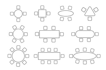 Set of layouts of seats in a restaurant, cafe, dining room. Schematic tables and chairs icons. Graphic furniture symbols. Top view of architectural seating plan