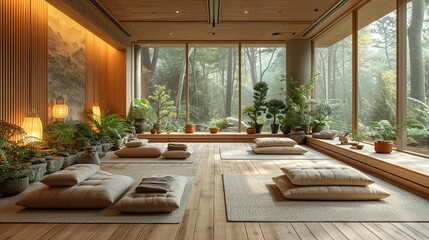 Fototapeta premium Tranquil Yoga Studio Amidst Natural Elements Harmony by Generative A.I.