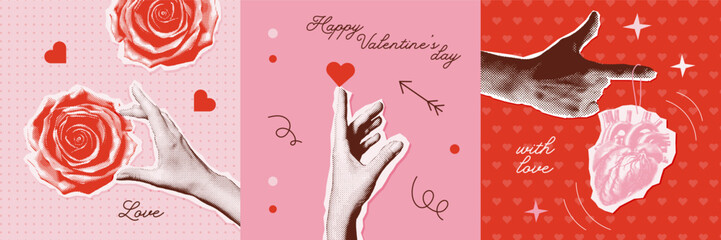 Hand in halftone for Valentine's day collage style cards set. Female hands holding and giving halftone hearts, roses. Paper cut out gifts for Valentine's Day. Retro vector illustration.
