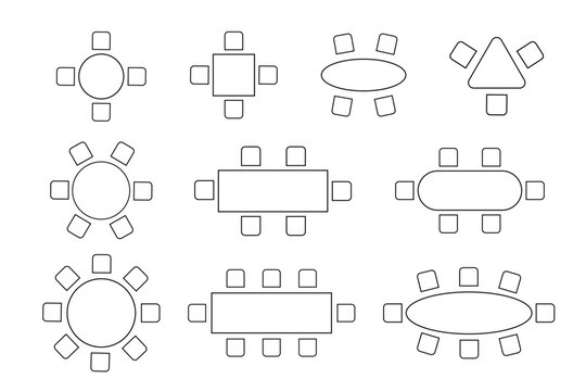 Set of layouts of seats in a restaurant, cafe, dining room. Schematic tables and chairs icons. Graphic furniture symbols. Top view of architectural seating plan