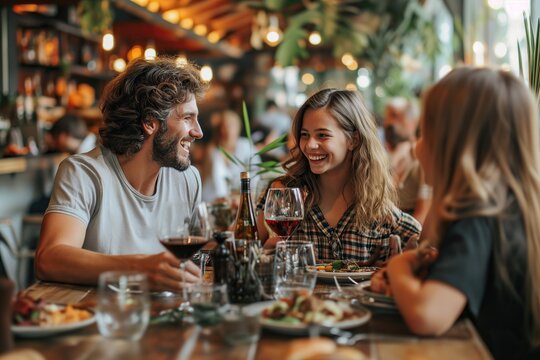 Retrato de familia feliz comiendo en el restaurante. Reunion familiar, disfrutando en familia de momentos de vacaciones.