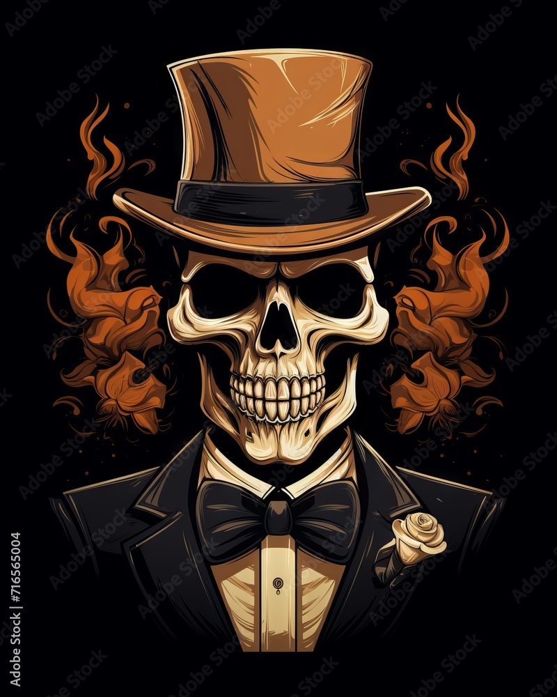 Poster skull wearing hat and smoking cigar in vintage style t-shirt design