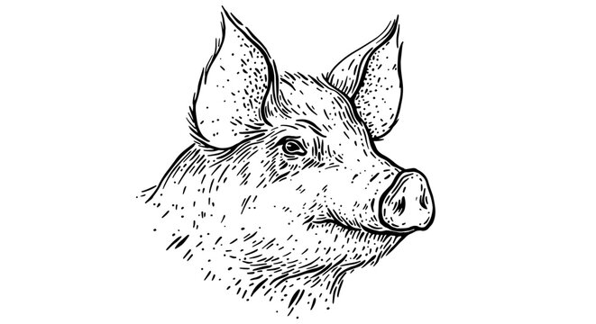Pork, pig head. Vintage retro print, black white pig sketch ink pencil style drawing, engrave old school. Sketch artwork silhouette head pig, white background. Side view profile. Vector Illustration