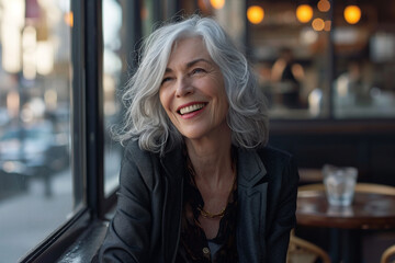 Joyful Silver-Haired Woman Enjoying Urban Cafe Setting by Generative A.I.