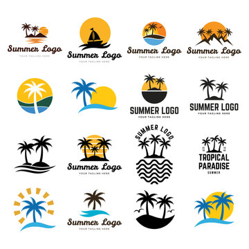 Summer beach island with palm trees in the ocean. Vector emblem of travel, holiday, resort. Vector Logo collection.