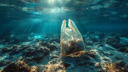 Fototapeten Sac plastique flottant sous l'eau : Impact de la pollution marine © jp