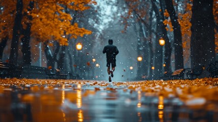 Dedicated Runner Jogging on Rainy Autumn Morning by Generative A.I.