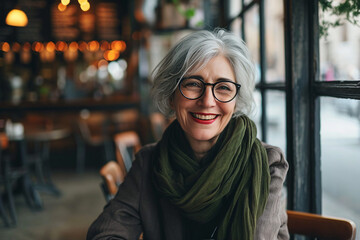 Charming Silver-Haired Lady with Glasses Smiling in Cafe by Generative A.I.