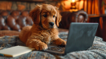 Adorable Puppy Engaged with Laptop in Cozy Home Setting by Generative A.I.