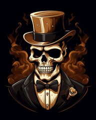 Skull wearing hat and smoking cigar in vintage style t-shirt design