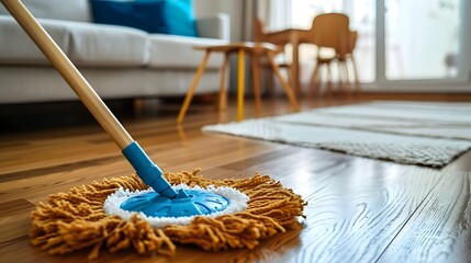 mop and bucket, a mop and a duster on a wooden floor in a living room with a couch and a window