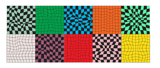 Set of distorted checkerboard backgrounds. Psychedelic patterns with warped color squares. Checkered optical illusion. Groovy layouts in retro 60s 70s 80s 90s y2k style