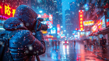 Urban Photographer Capturing Snowy Cityscape at Night by Generative A.I.