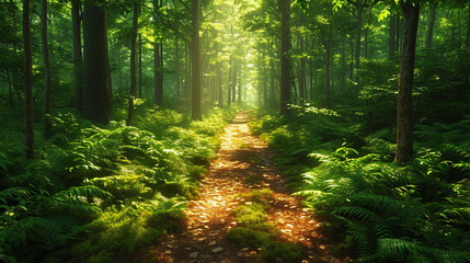 Sunlit Forest Pathway in Serene Nature Setting by Generative A.I.