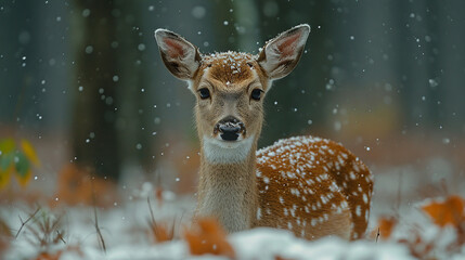 Serene Winter Scene with Snow-Covered Deer in Forest by Generative A.I.